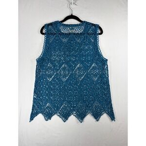 Deletta Crochet Lace Tank Top Womens Small Teal Blue Boho Sharkbite Hem